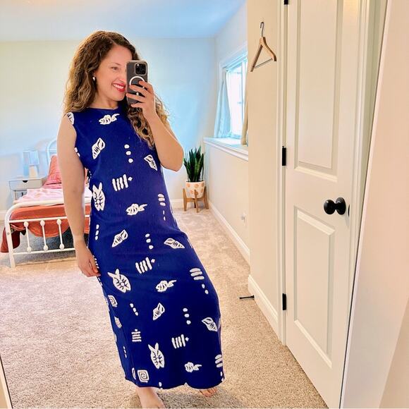 Vintage Superline USA Blue White Fish Sleeveless Maxi Dress Medium - Picture 1 of 12